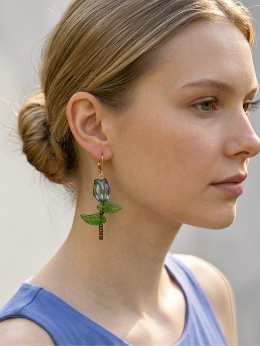 HAND CRAFTED CZECH GLASS TULIP EARRINGS Purple Blue Green Gold Brown